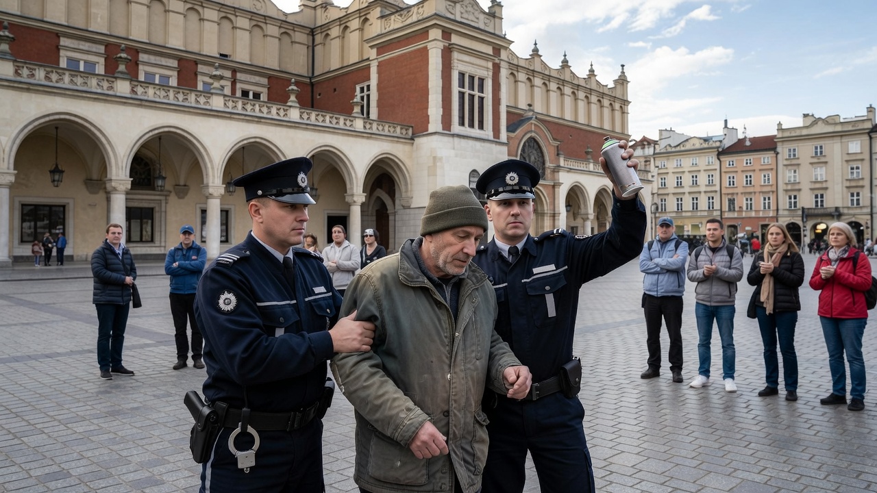 Malował po Sukiennicach. Policja zatrzymała 50-latka z farbą w sprayu