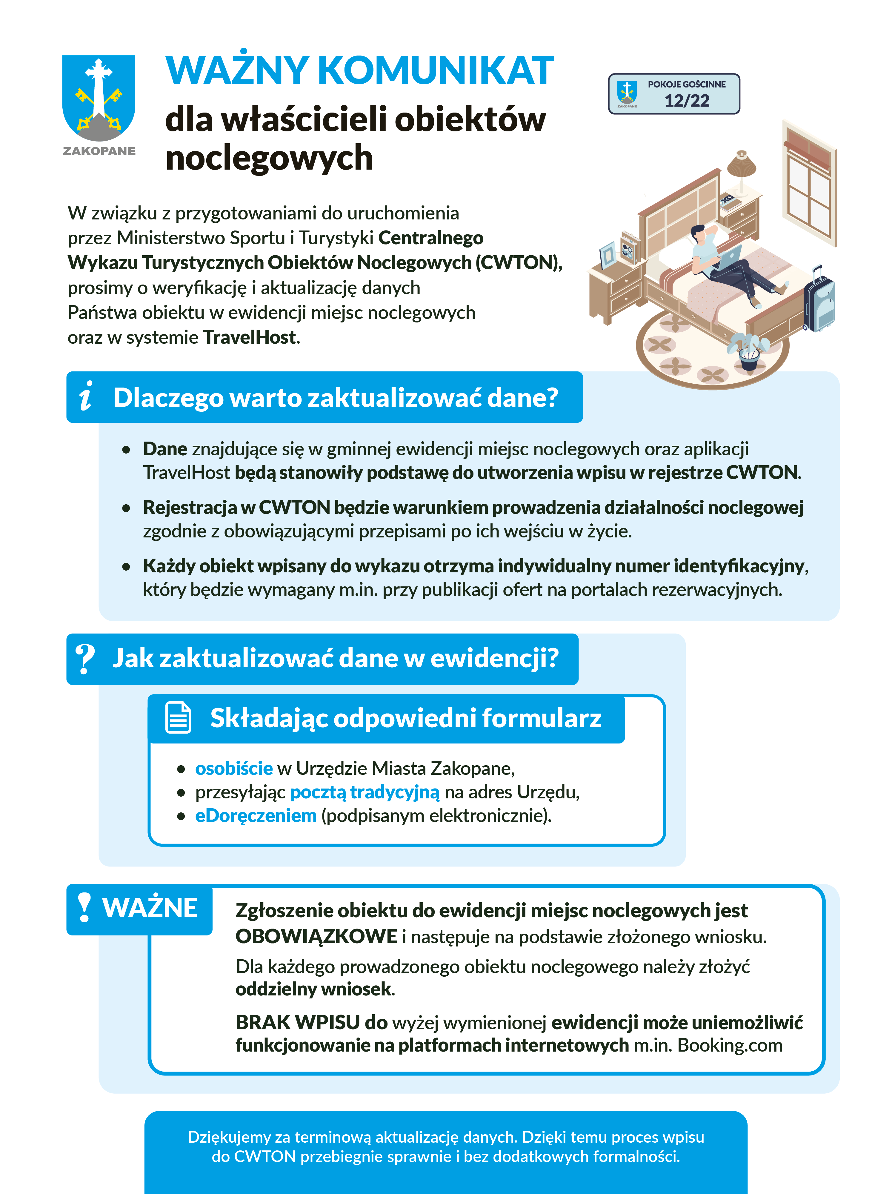 Zakopane: Właściciele noclegów muszą zaktualizować dane w systemie