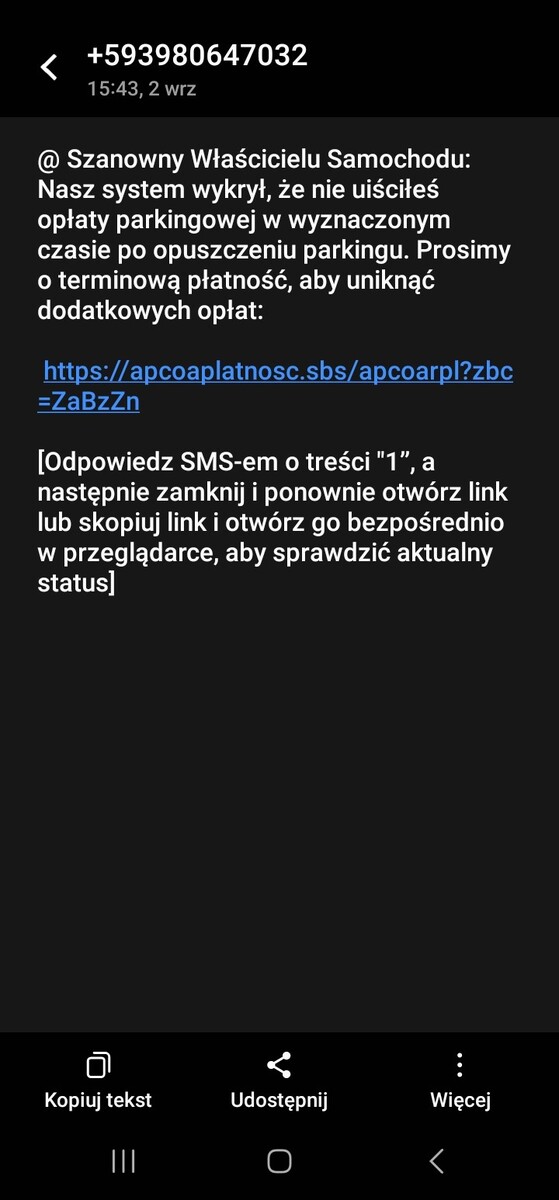 Oszustwo SMS-em o opłacie parkingowej. Policja ostrzega mieszkańców Osieka