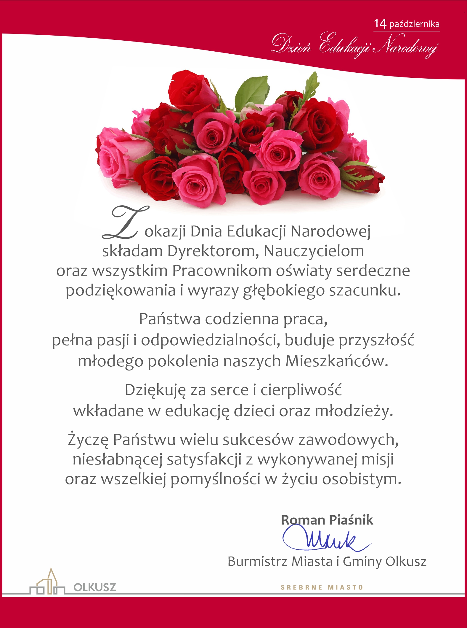 Burmistrz Olkusza podziękował nauczycielom z okazji ich święta