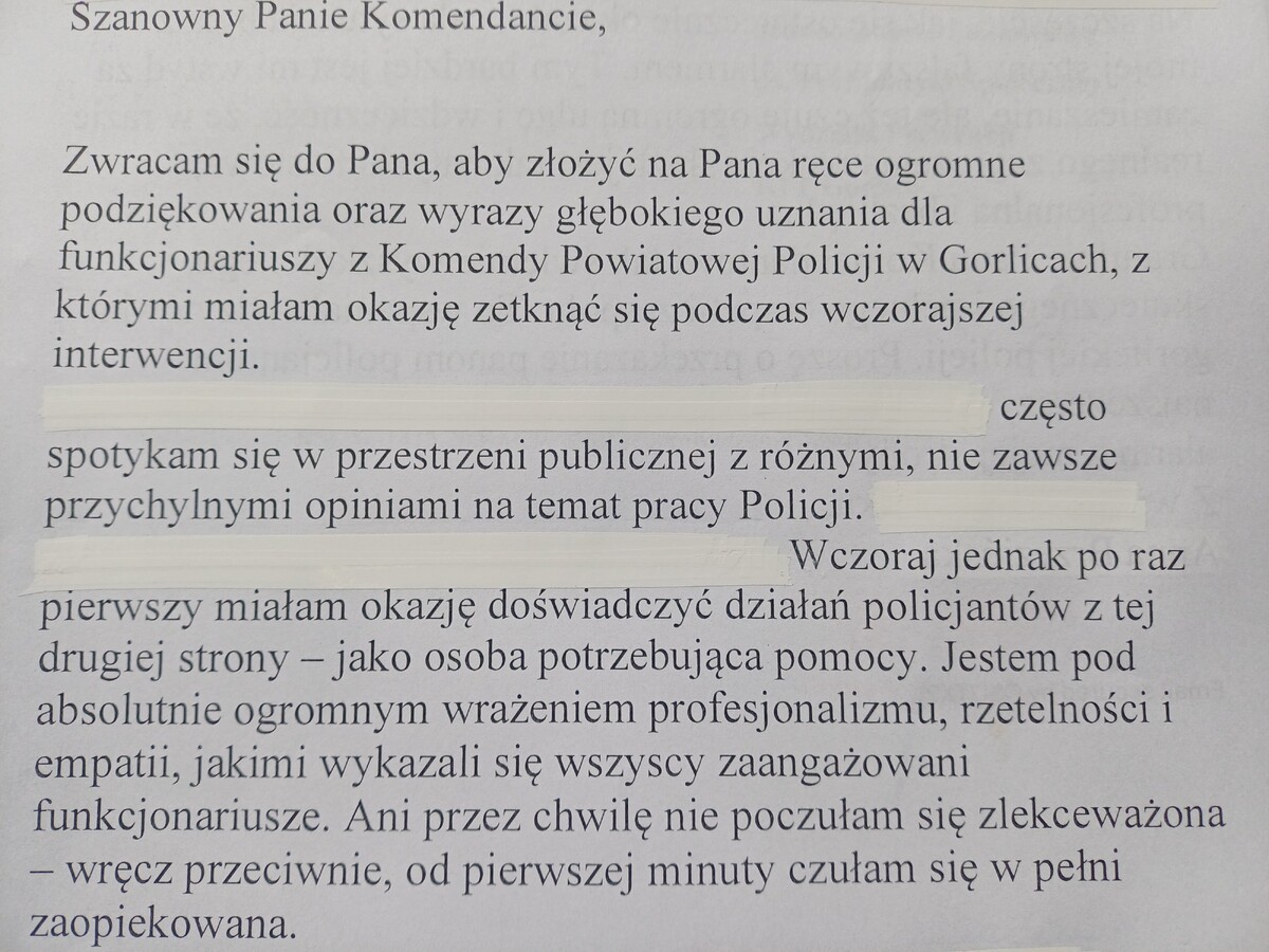 Mieszkanka Gorlic podziękuje policjantom za profesjonalną interwencję