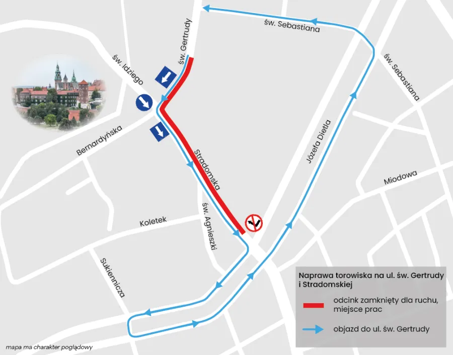 Od jutra remont torowiska przy Wawelu. Zmiana ruchu na ul. św. Gertrudy i Stradomskiej