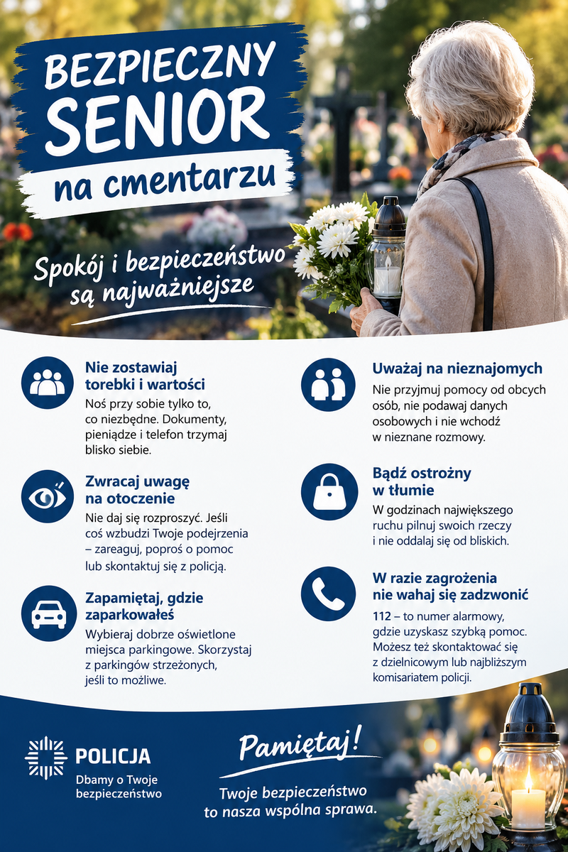 Policja ostrzega seniorów przed Dniem Wszystkich Świętych. Porady bezpieczeństwa w rejonie cmentarza