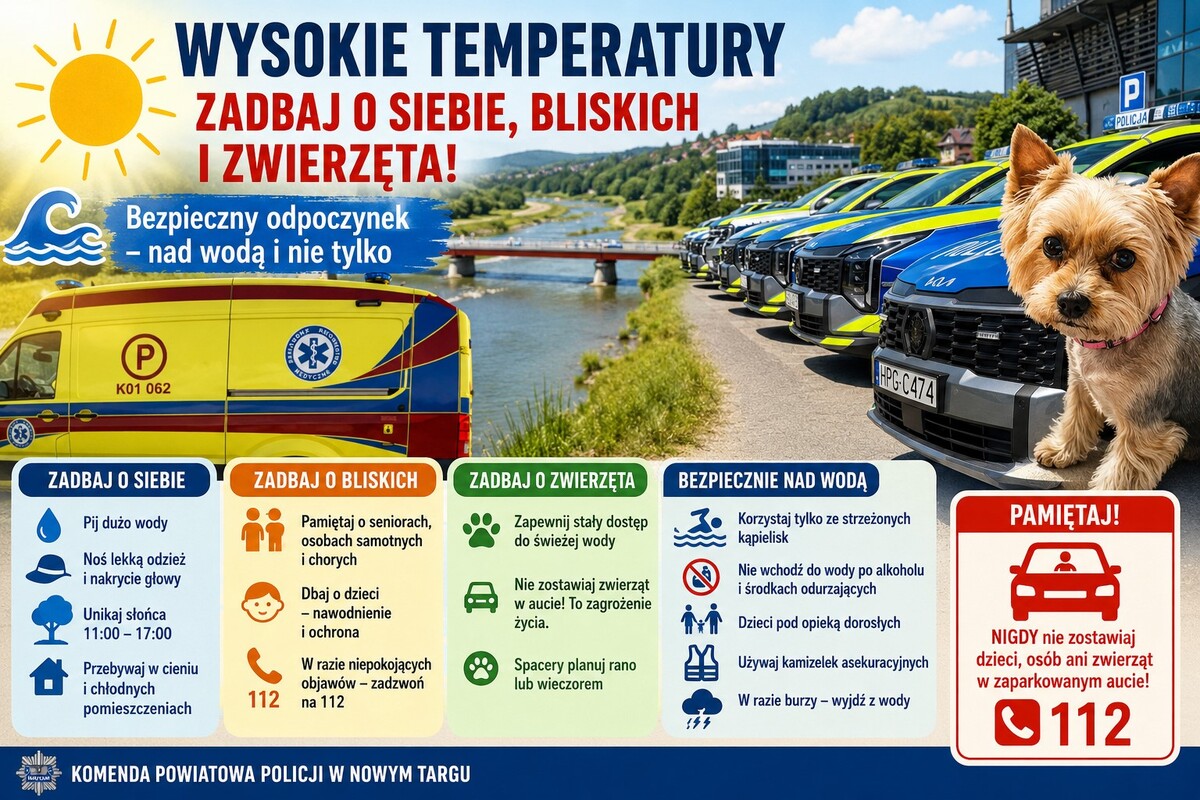 Policja w Nowym Targu apeluje: jak bezpiecznie przetrwać upały i wakacje nad wodą