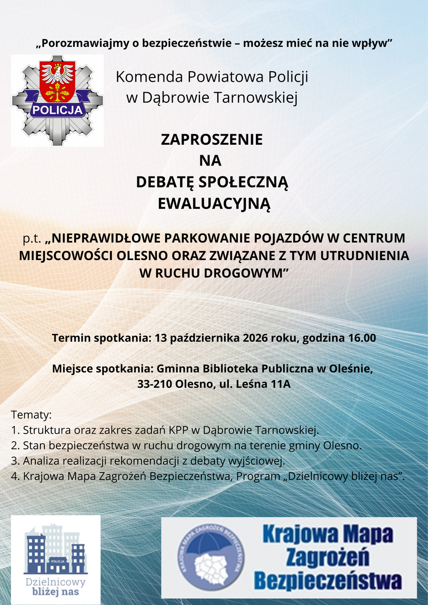 Policja zaprasza na debatę o bezpieczeństwie i problemach komunikacyjnych w Oleśnie