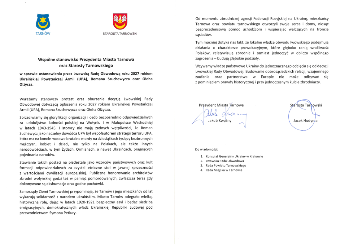 Tarnów i powiat protestują przeciwko decyzji Lwowa o roku UPA